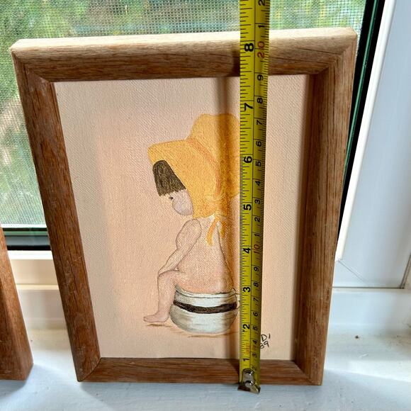 Vintage Framed Paintings Boy And Girl on Chamber Pots, set of 2 - Picture 8 of 11